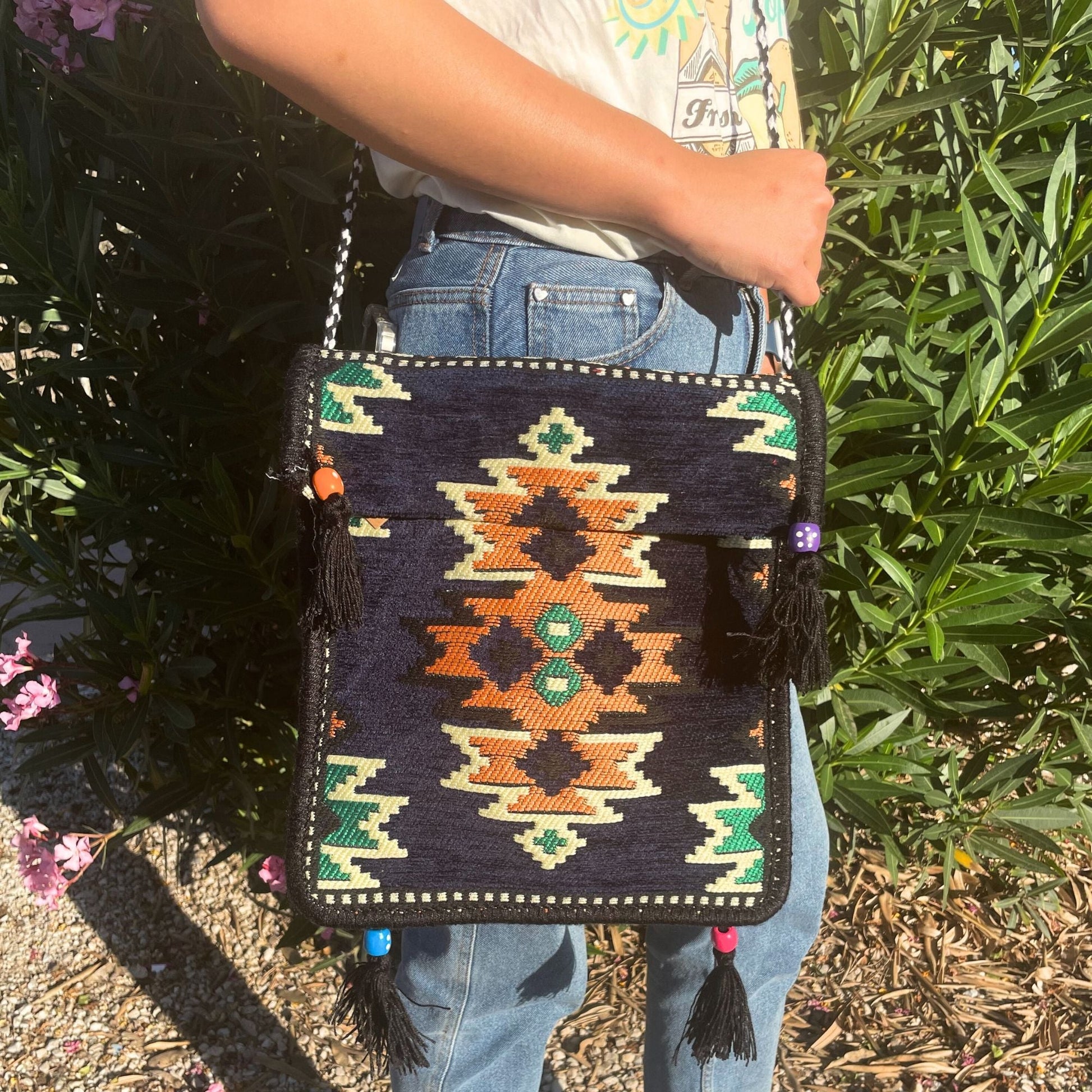 Polished Dark Navy Kilim Messenger Festival Bag featuring natural patterning and unique variations - Positive Faith Hope Love