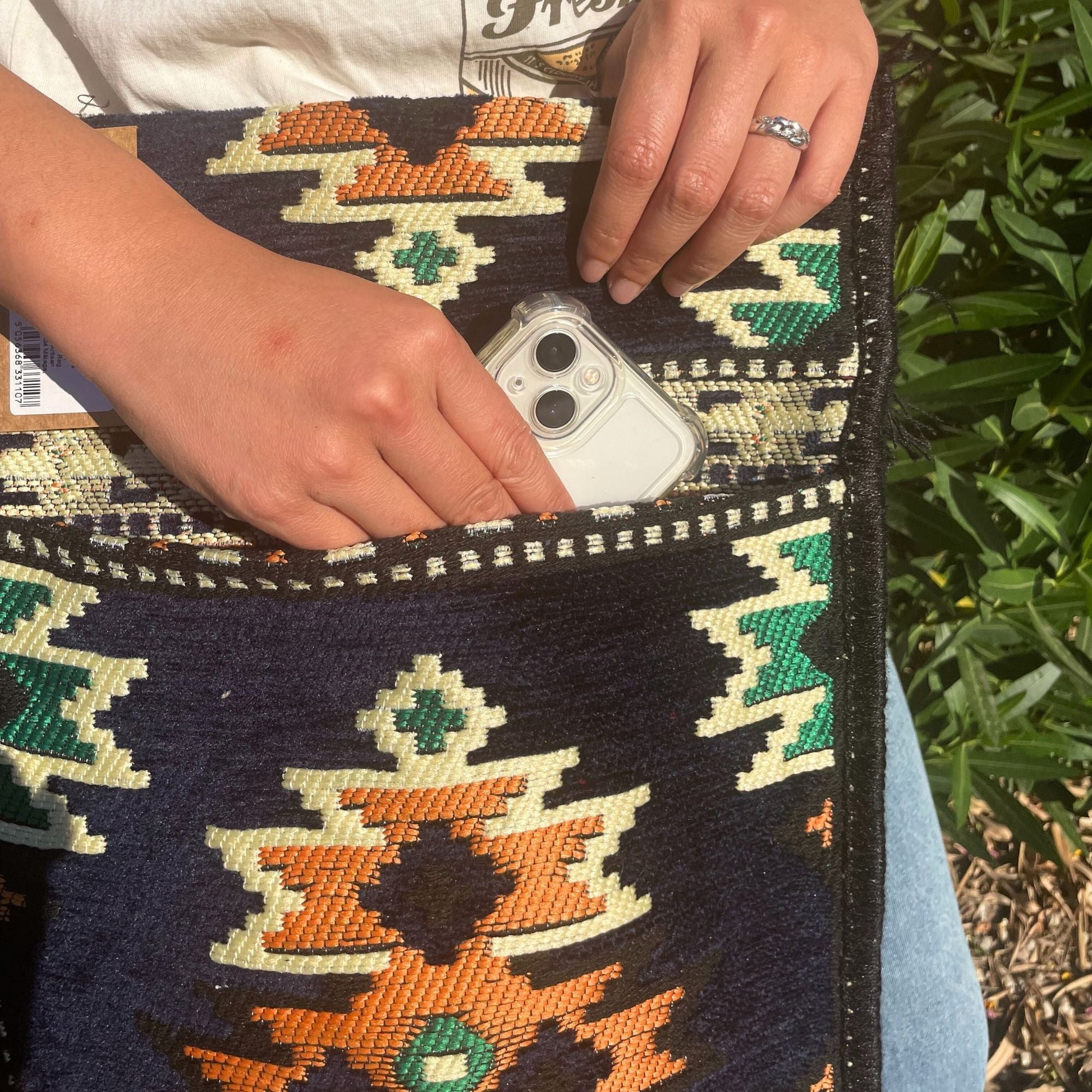 Polished Dark Navy Kilim Messenger Festival Bag featuring natural patterning and unique variations - Positive Faith Hope Love
