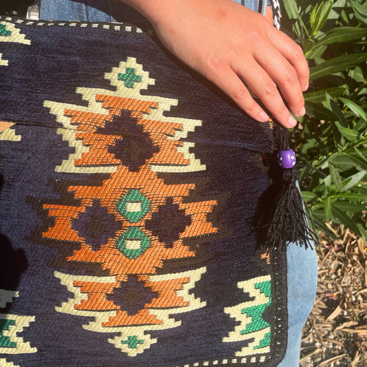 Polished Dark Navy Kilim Messenger Festival Bag featuring natural patterning and unique variations - Positive Faith Hope Love