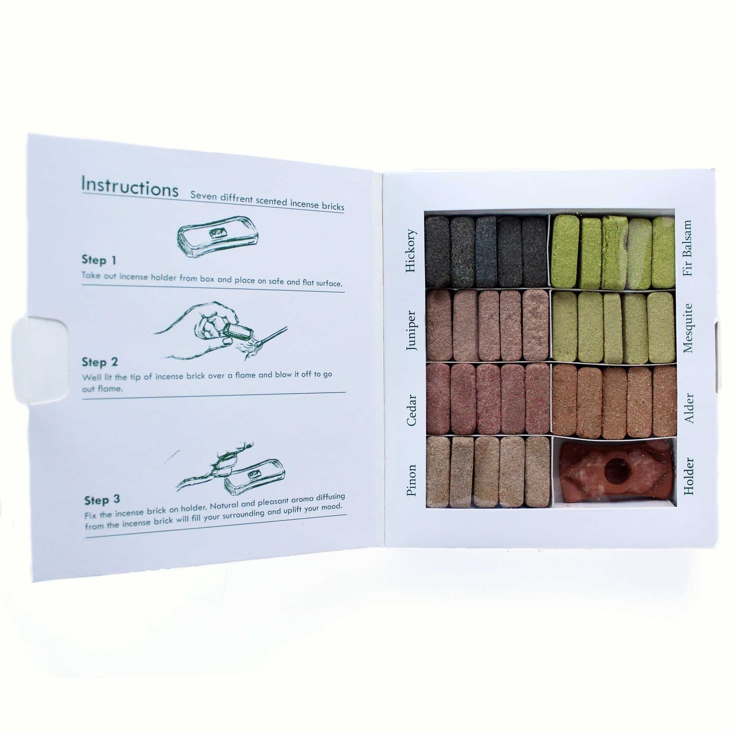 Polished Display Set of 70 Incense Smudge Bricks and Burner - 7 Earthy Himalaya Incenso featuring natural patterning and unique variations - Positive Faith Hope Love