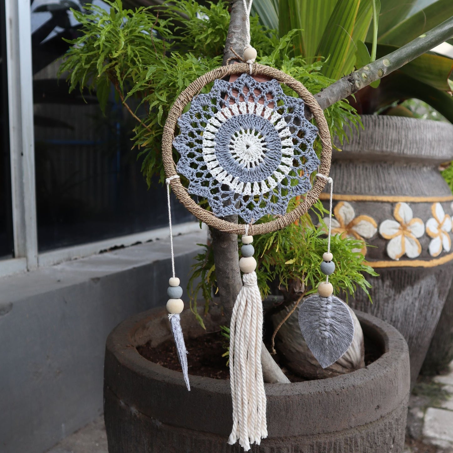 Polished Dream Catcher Medium Grey Elemental Spirits featuring natural patterning and unique variations - Positive Faith Hope Love