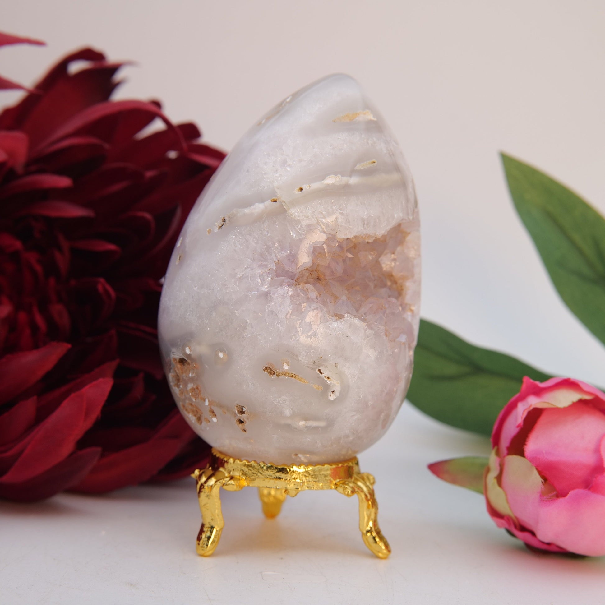Natural Druzy Agate Egg 322G 80Mm featuring banded patterns and glossy finish - Positive Faith Hope Love