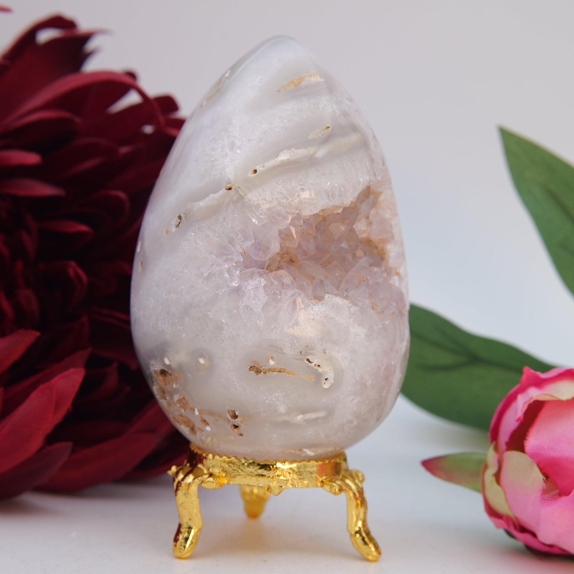 Natural Druzy Agate Egg 322G 80Mm featuring banded patterns and glossy finish - Positive Faith Hope Love
