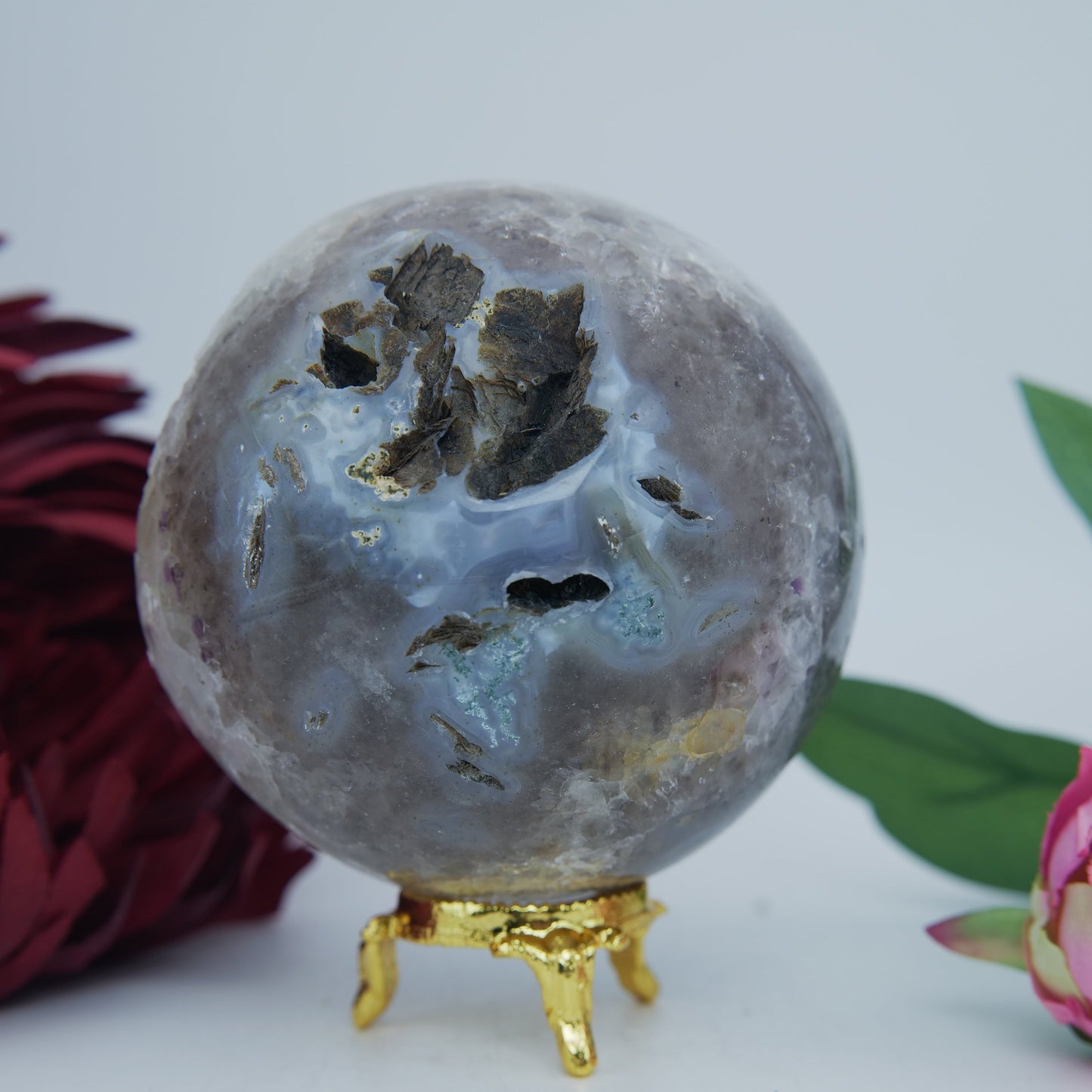 Natural Druzy Agate Sphere 840G 90Mm featuring banded patterns and glossy finish - Positive Faith Hope Love