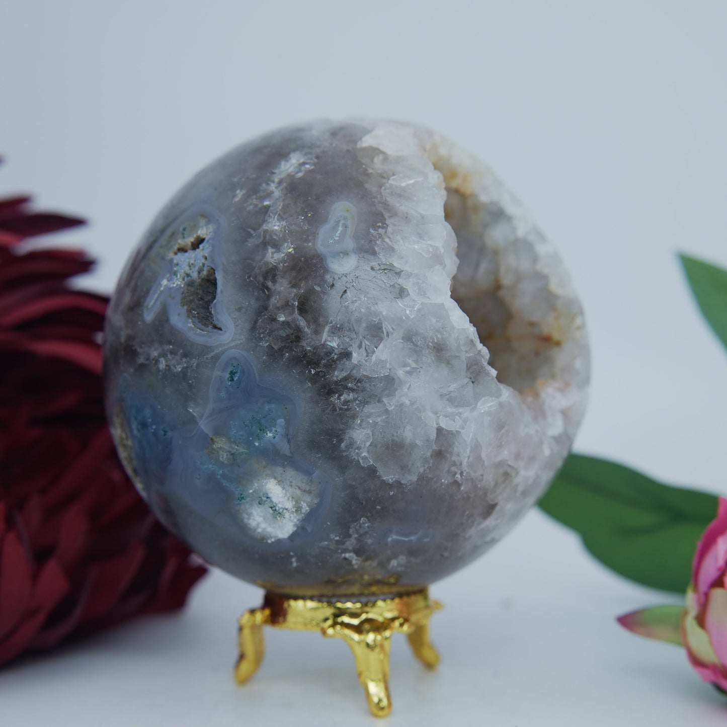 Natural Druzy Agate Sphere 840G 90Mm featuring banded patterns and glossy finish - Positive Faith Hope Love