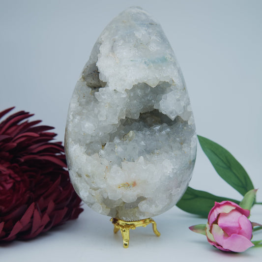 Natural Druzy Green Moss Agate Egg 2127g 170mm featuring green mossy inclusions in translucent base - Positive Faith Hope Love