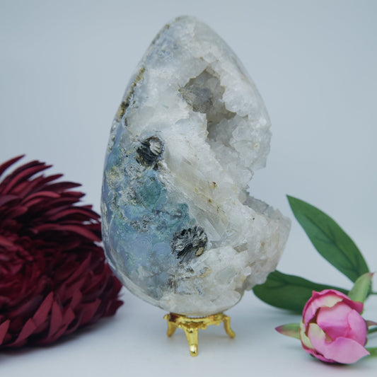 Natural Druzy Green Moss Agate Egg 2127G 170Mm featuring green mossy inclusions in translucent base - Positive Faith Hope Love