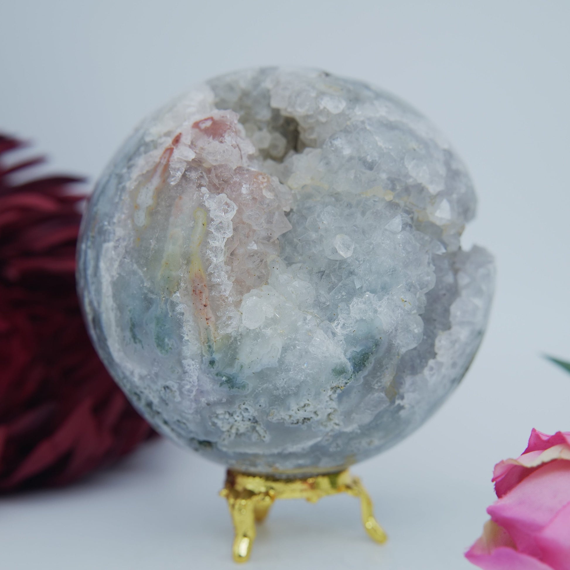 Natural Druzy Green Moss Agate Sphere 1300G 100Mm featuring green mossy inclusions in translucent base - Positive Faith Hope Love