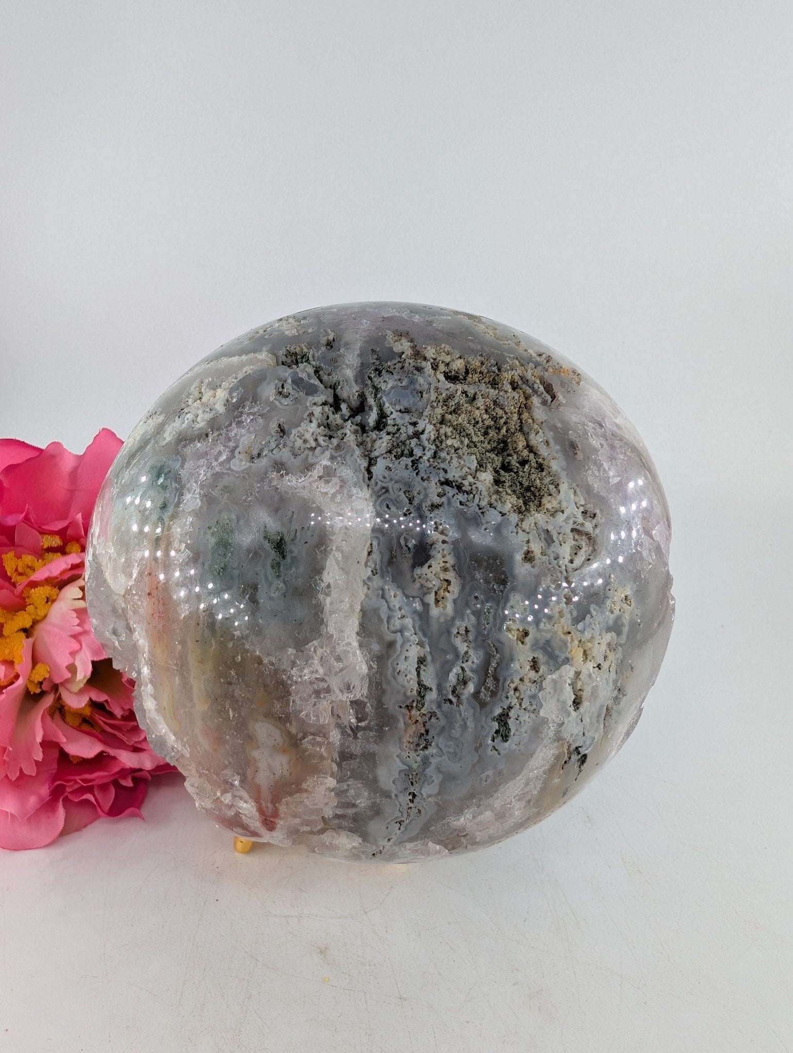 Druzy Green Moss Agate Sphere 1300g 100mm - Positive Faith Hope Love