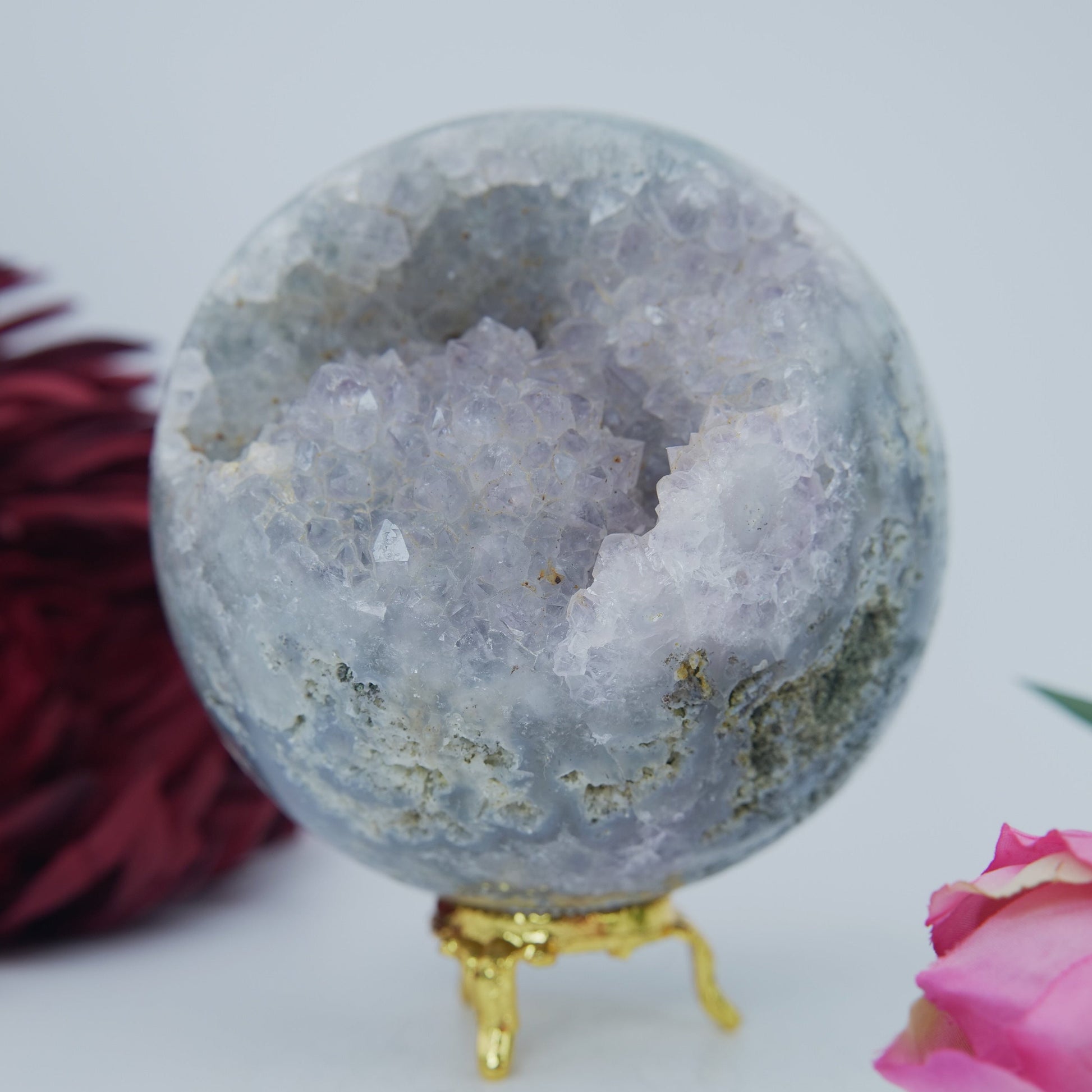 Natural Druzy Green Moss Agate Sphere 1300g 100mm featuring green mossy inclusions in translucent base - Positive Faith Hope Love