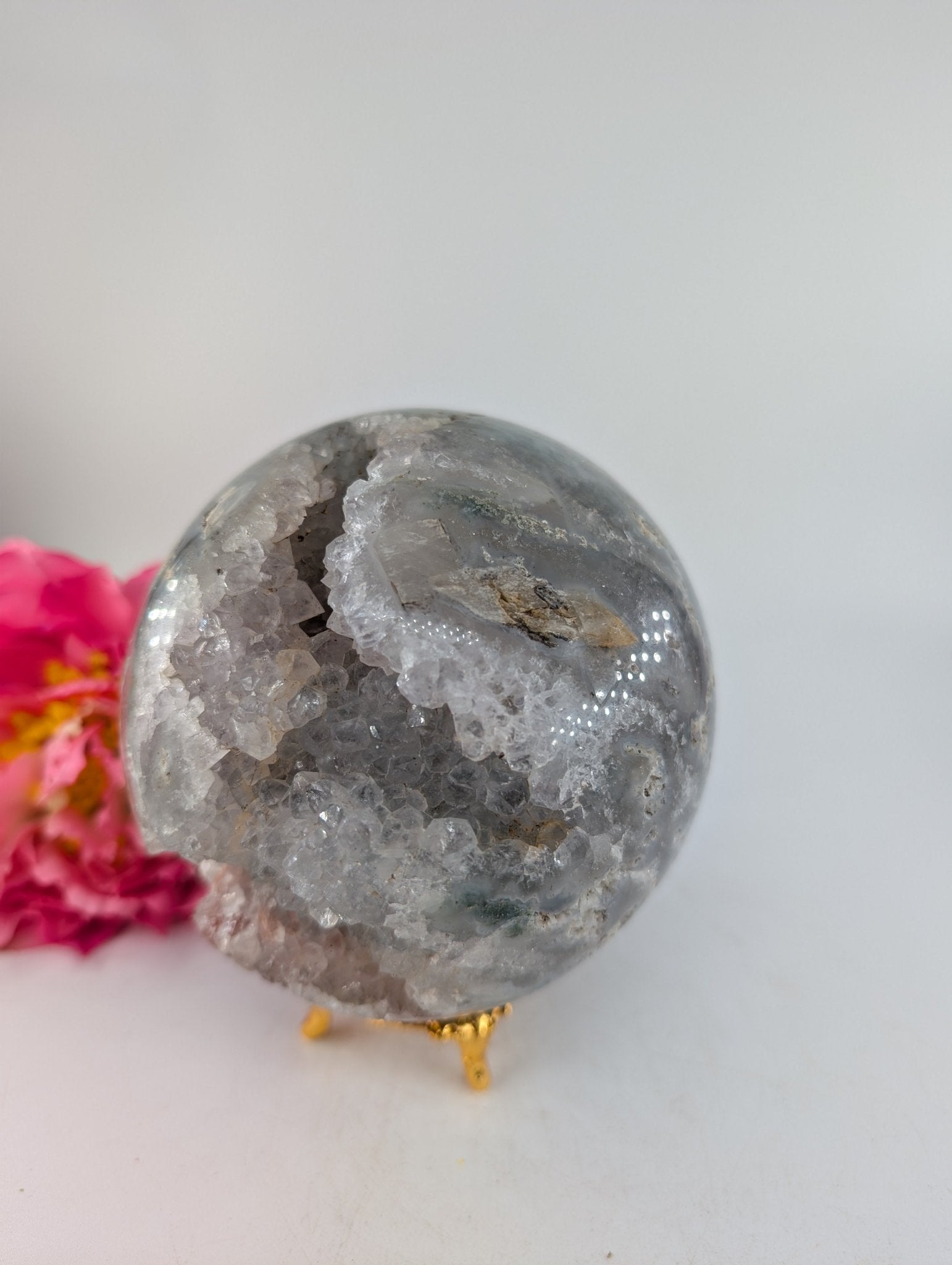 Druzy Green Moss Agate Sphere 1300g 100mm - Positive Faith Hope Love