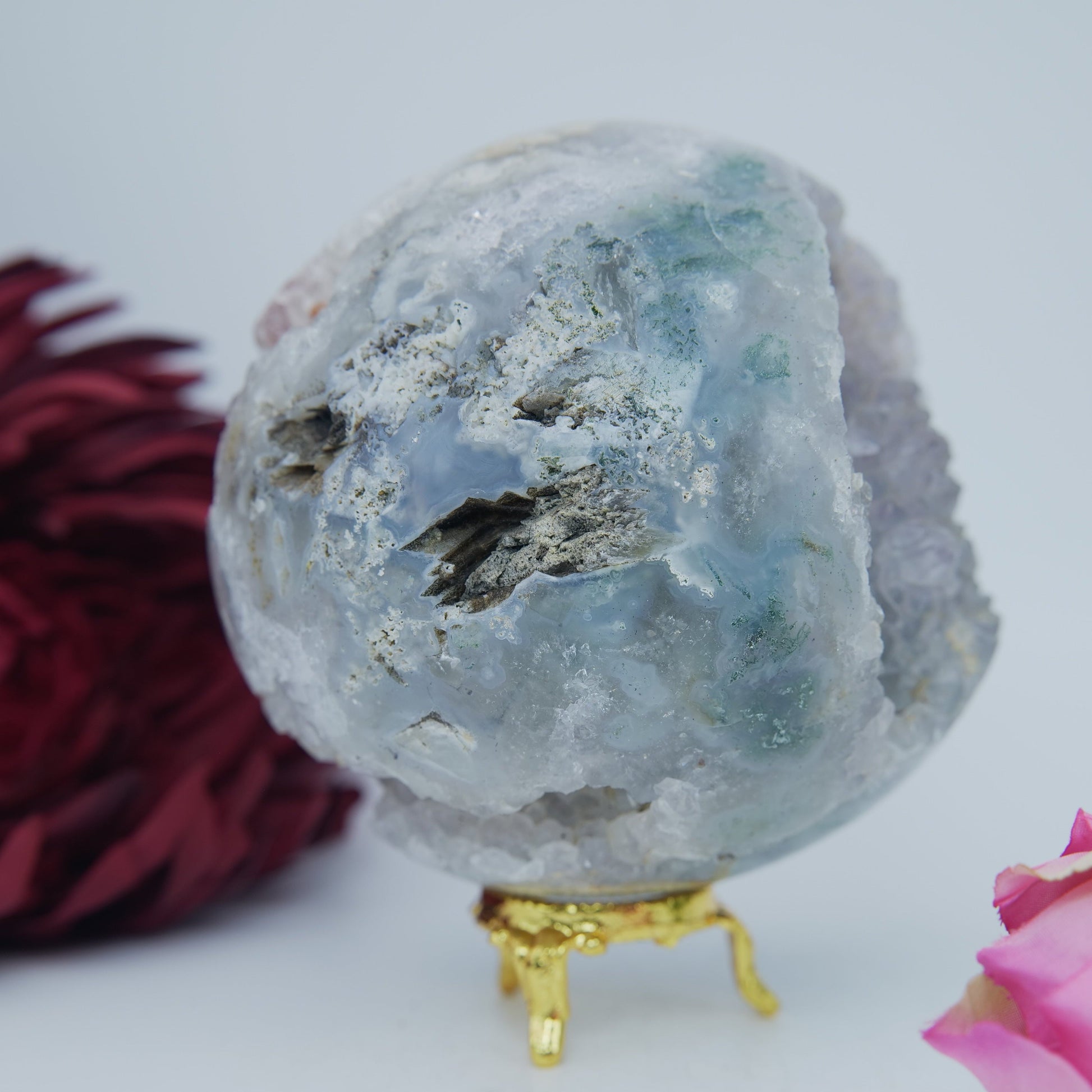 Natural Druzy Green Moss Agate Sphere 1300G 100Mm featuring green mossy inclusions in translucent base - Positive Faith Hope Love