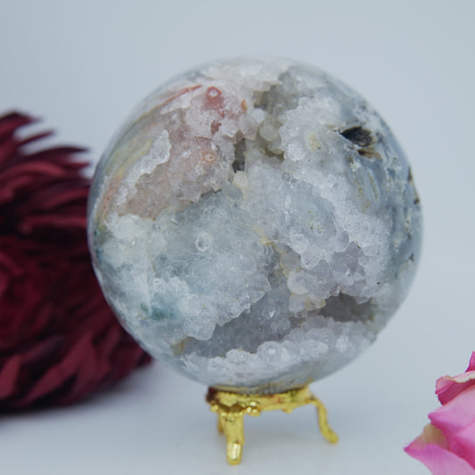 Natural Druzy Green Moss Agate Sphere 1300G 100Mm featuring green mossy inclusions in translucent base - Positive Faith Hope Love