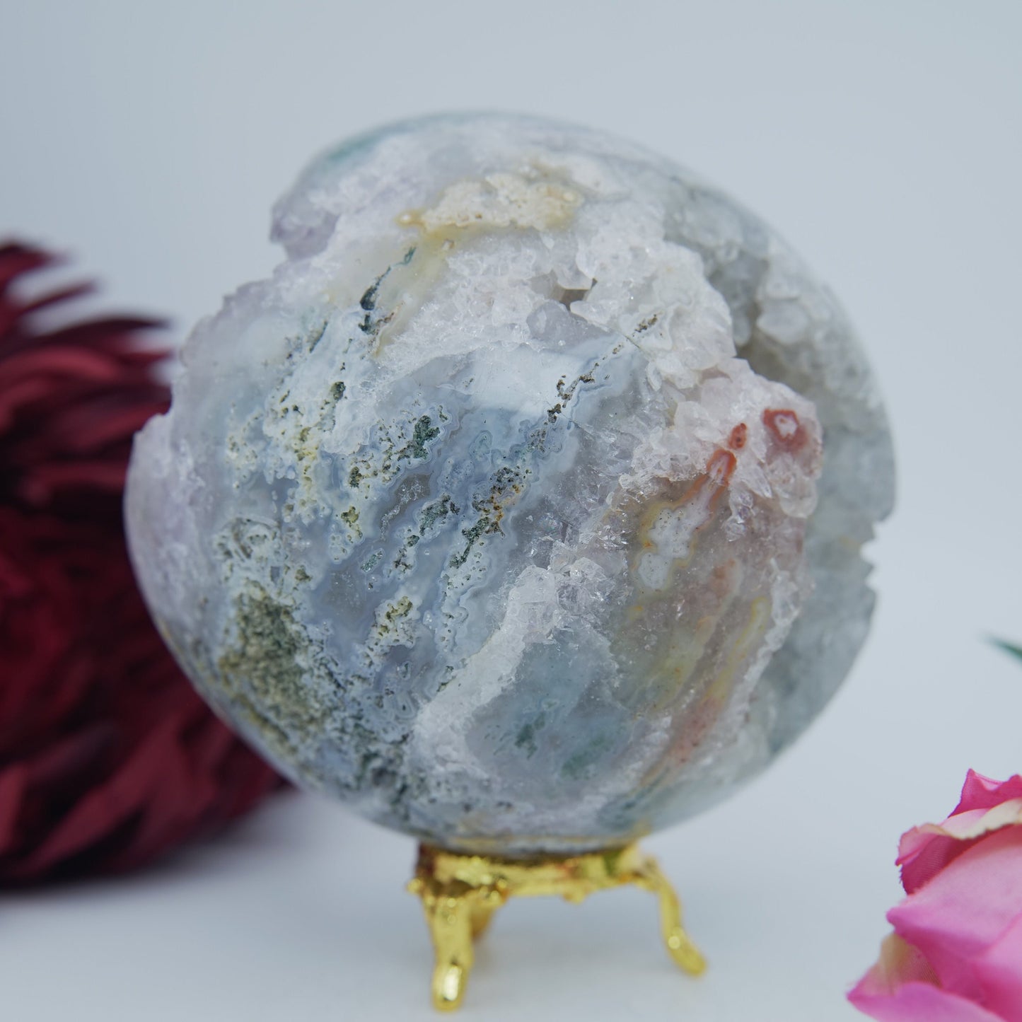 Natural Druzy Green Moss Agate Sphere 1300G 100Mm featuring green mossy inclusions in translucent base - Positive Faith Hope Love