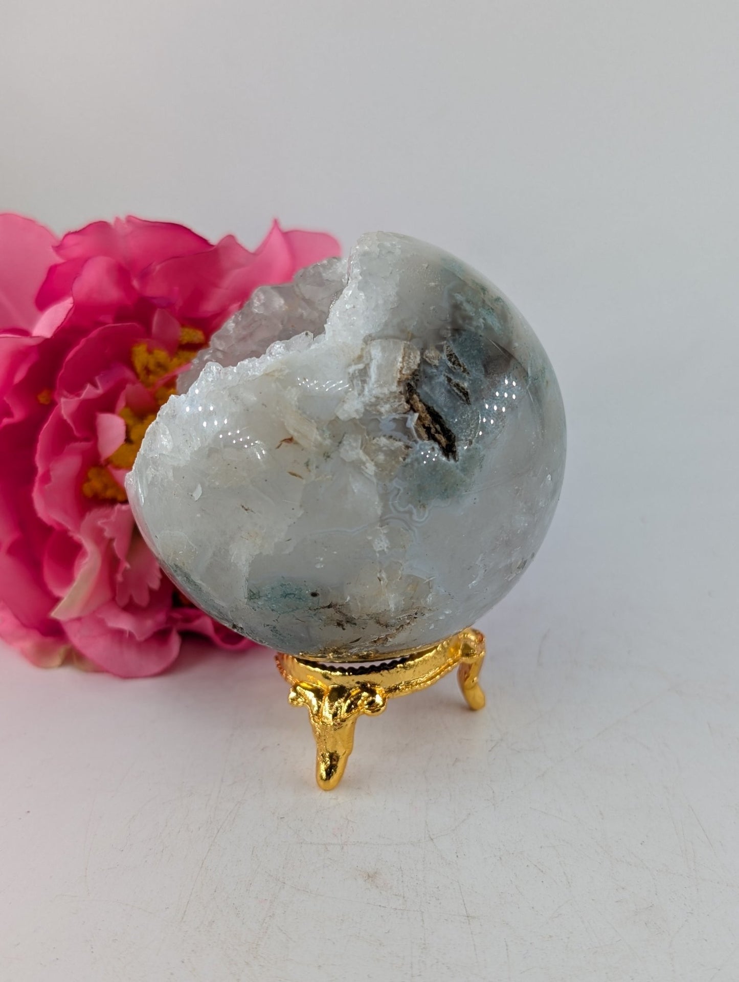 Druzy Green Moss Agate Sphere 410g 70mm - Positive Faith Hope Love