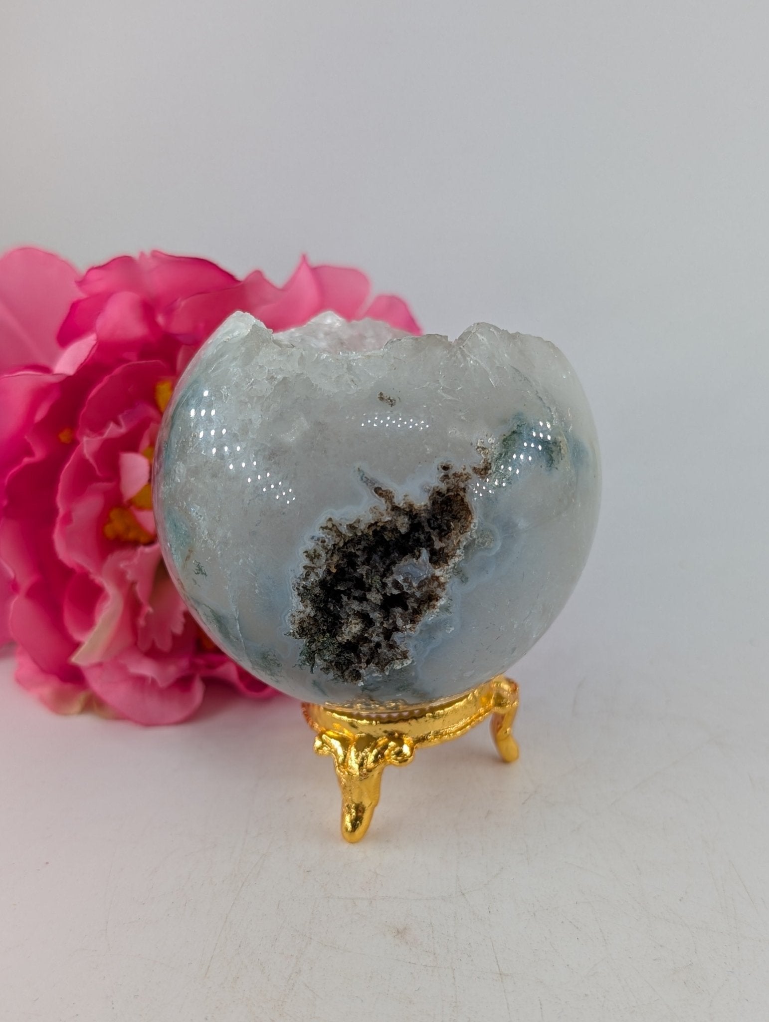 Druzy Green Moss Agate Sphere 410g 70mm - Positive Faith Hope Love