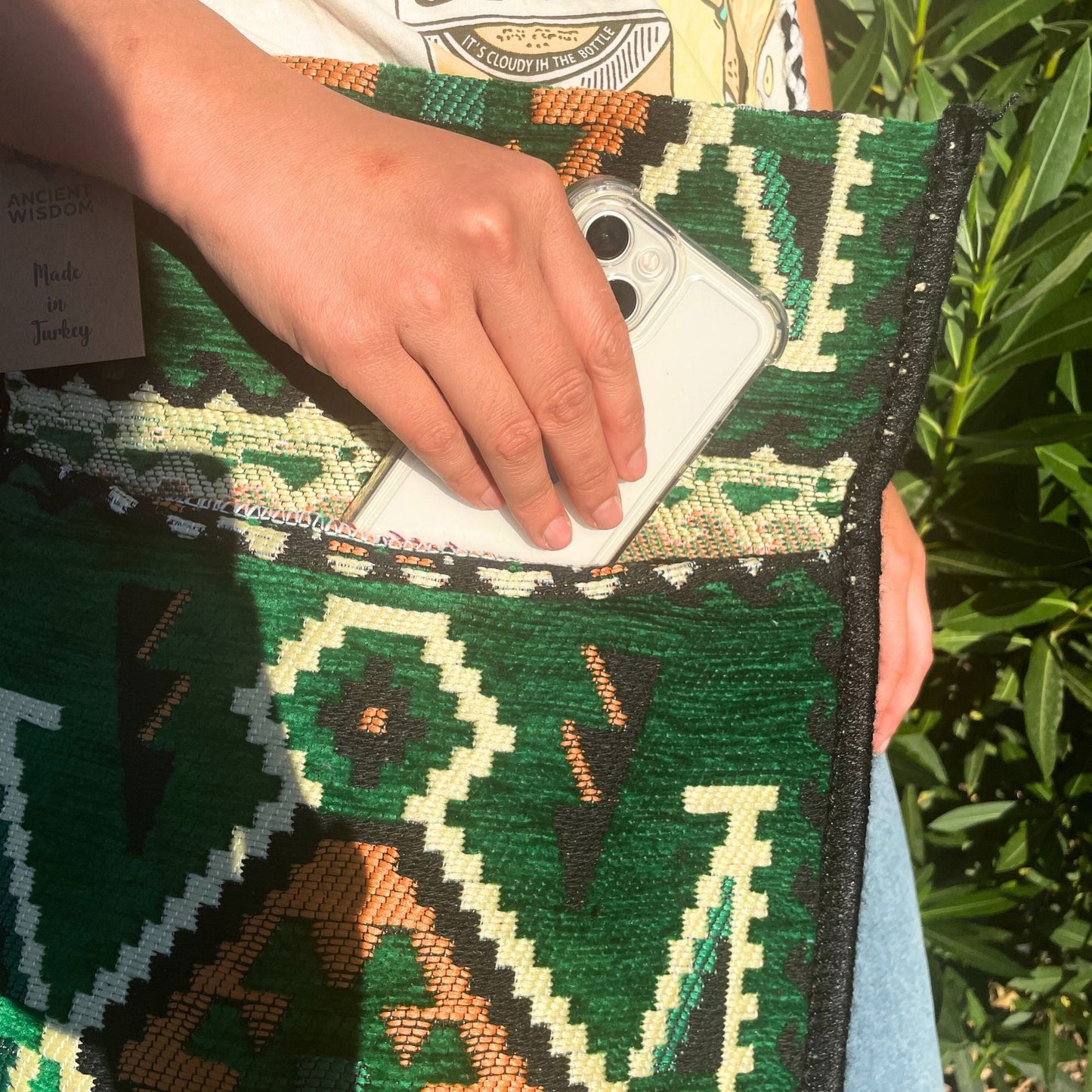 Polished Emerald Green Kilim Messenger Festival Bag featuring vibrant green tone and crystalline clarity - Positive Faith Hope Love