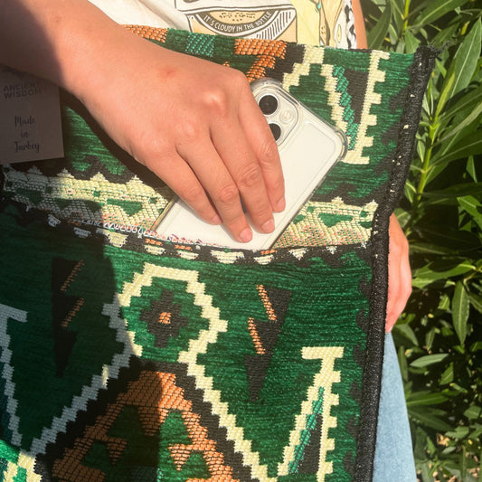Polished Emerald Green Kilim Messenger Festival Bag featuring vibrant green tone and crystalline clarity - Positive Faith Hope Love