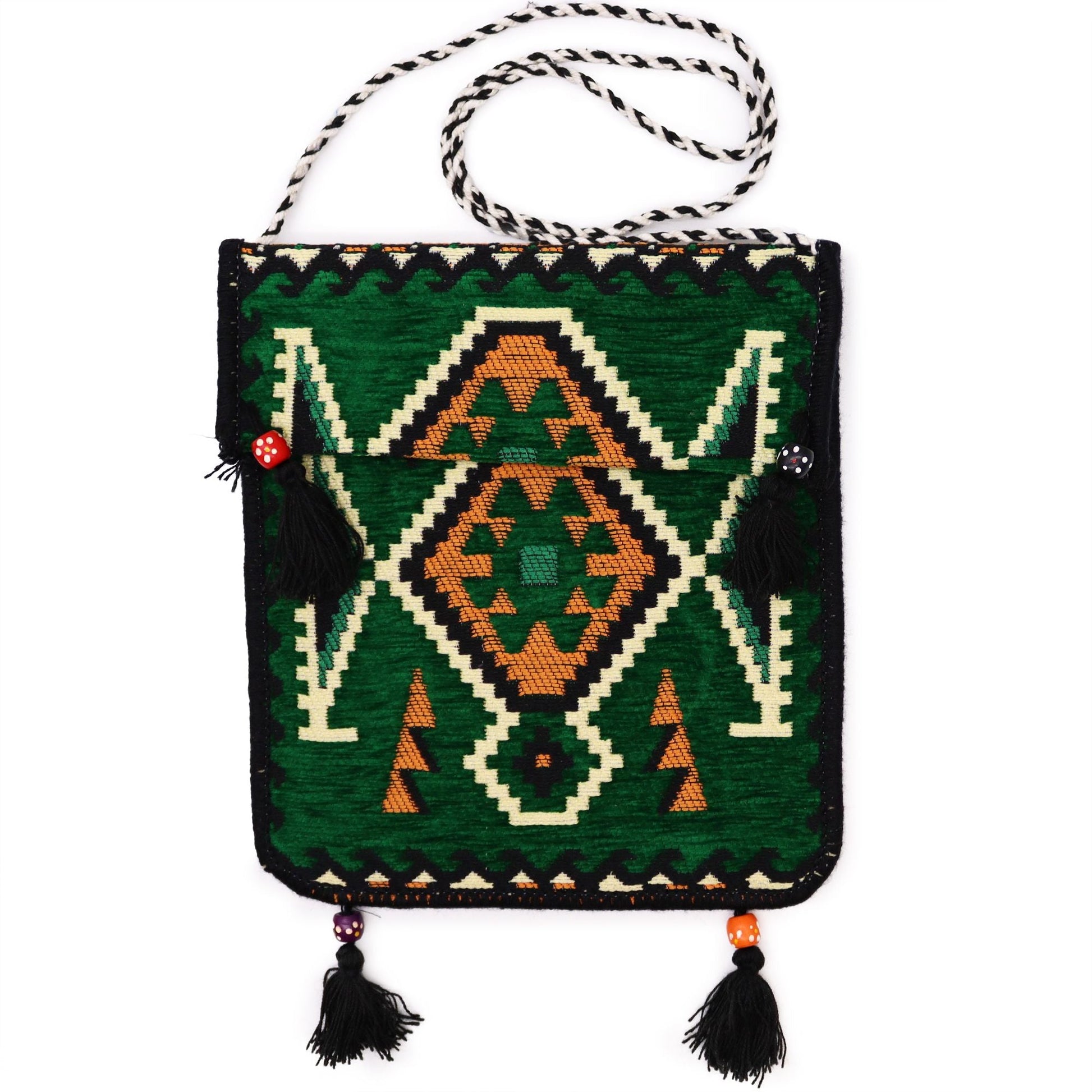 Polished Emerald Green Kilim Messenger Festival Bag featuring vibrant green tone and crystalline clarity - Positive Faith Hope Love