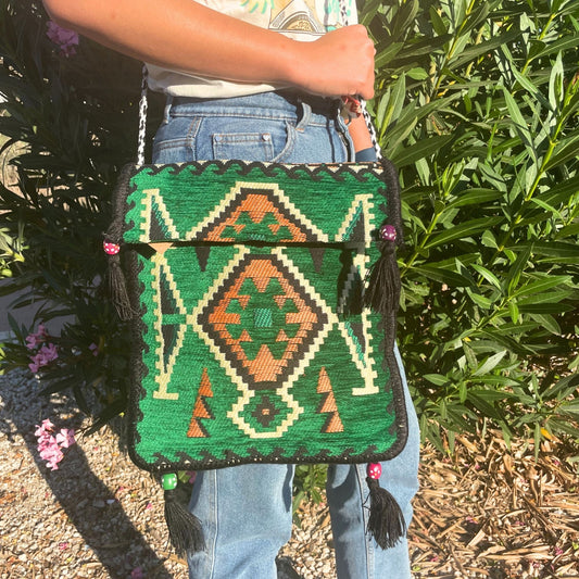 Polished Emerald Green Kilim Messenger Festival Bag featuring vibrant green tone and crystalline clarity - Positive Faith Hope Love