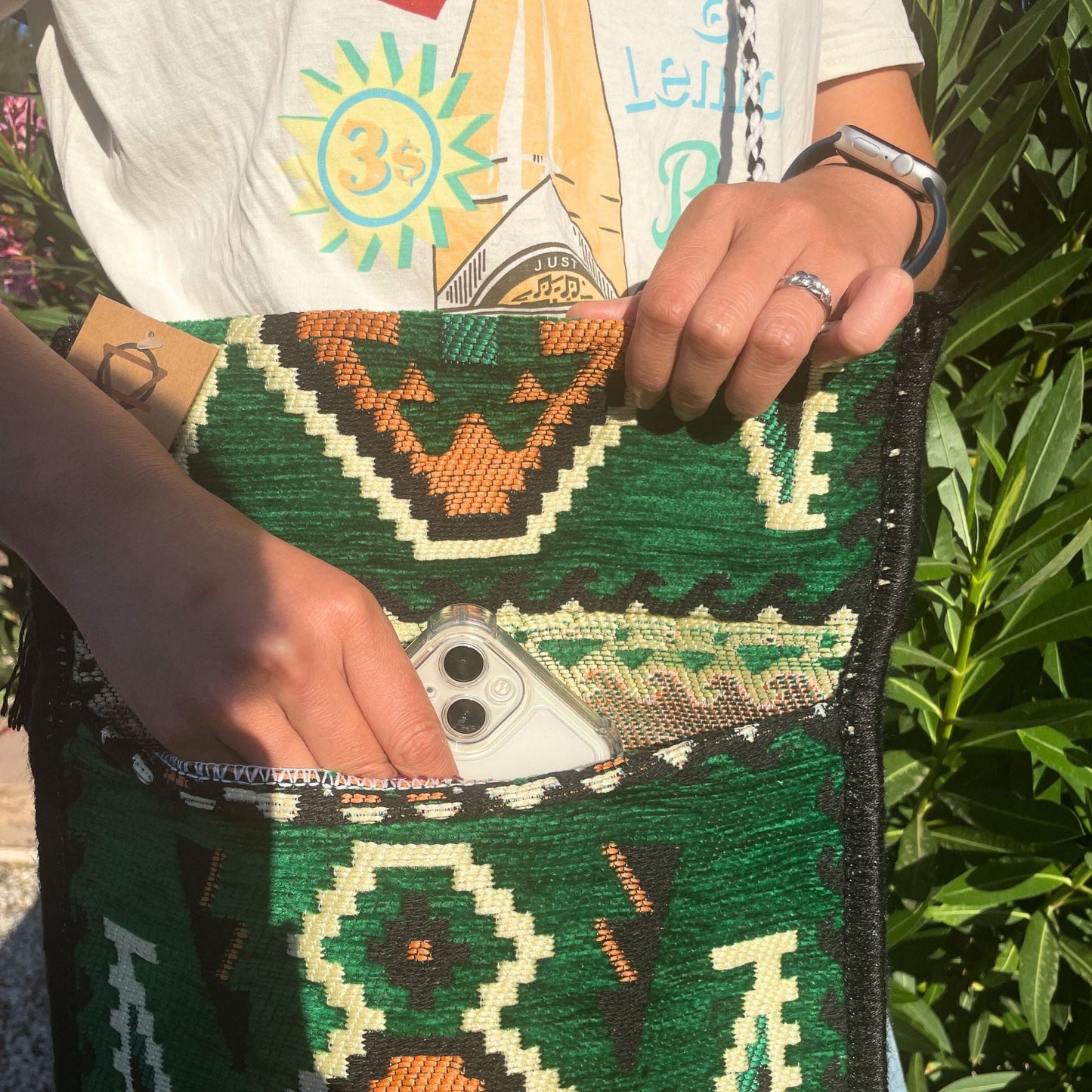 Polished Emerald Green Kilim Messenger Festival Bag featuring vibrant green tone and crystalline clarity - Positive Faith Hope Love