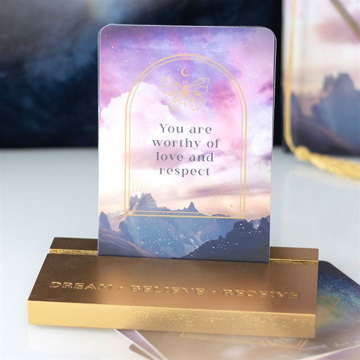 Polished Ethereal Affirmation Cards with Wooden Stand featuring natural patterning and unique variations - Positive Faith Hope Love