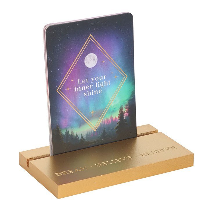 Polished Ethereal Affirmation Cards With Wooden Stand featuring natural patterning and unique variations - Positive Faith Hope Love