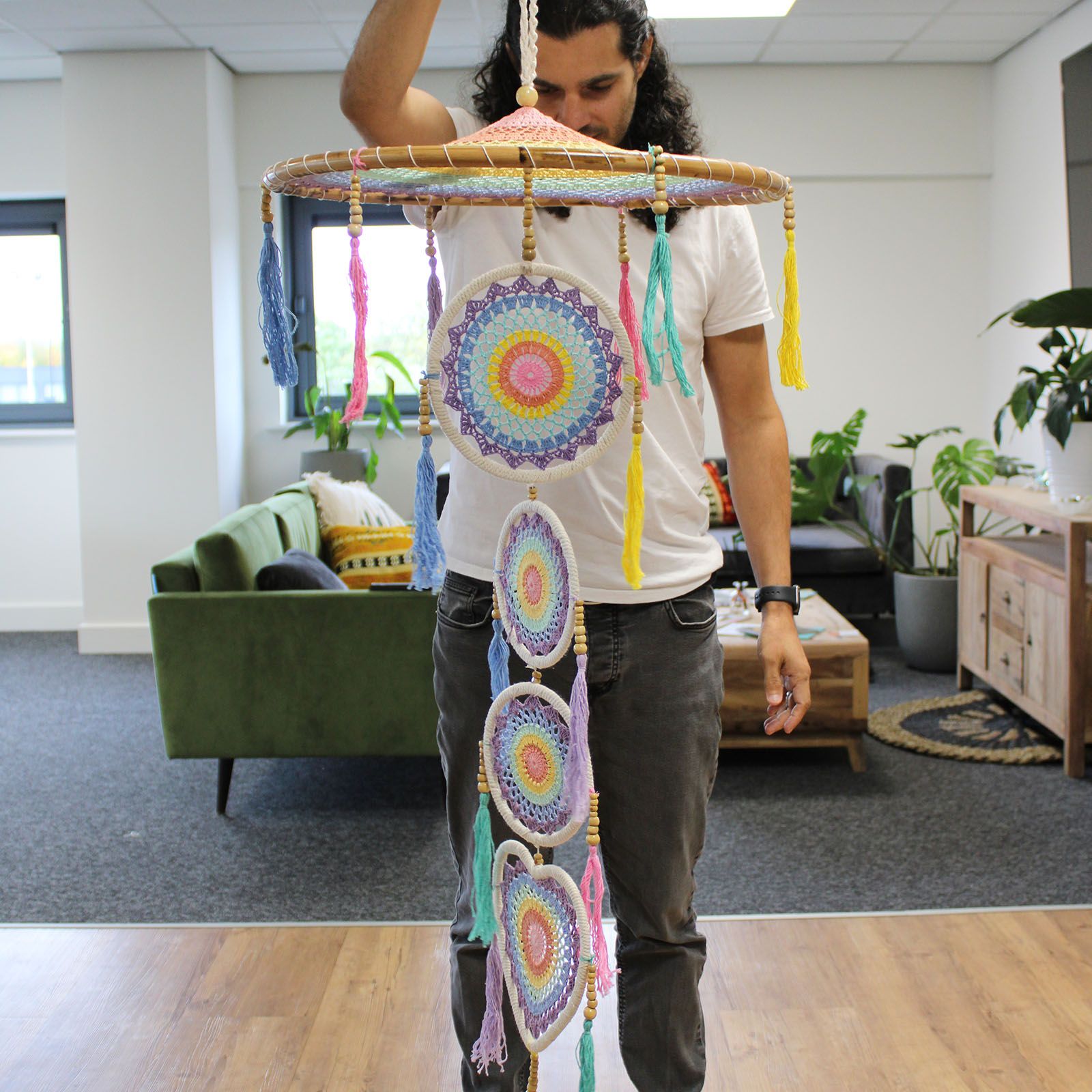 Polished Extra Large Drama Dreancatcher Pastal Rainbow featuring natural patterning and unique variations - Positive Faith Hope Love