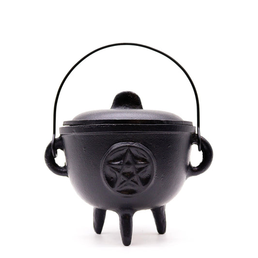 Polished Extra Lrg Cast Iron Cauldron with Pentagon 15x15cm featuring natural patterning and unique variations - Positive Faith Hope Love