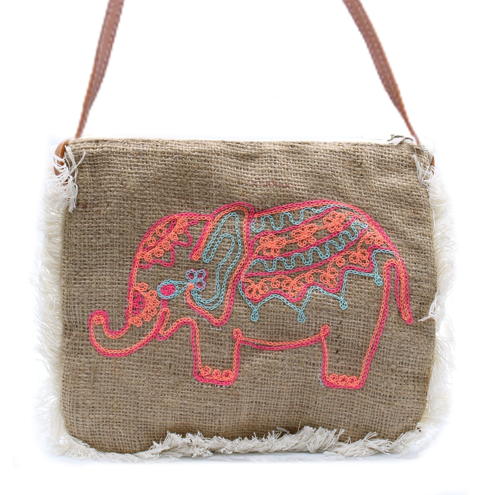Polished Fab Fringe Bag - Elephant Embroidery featuring natural patterning and unique variations - Positive Faith Hope Love