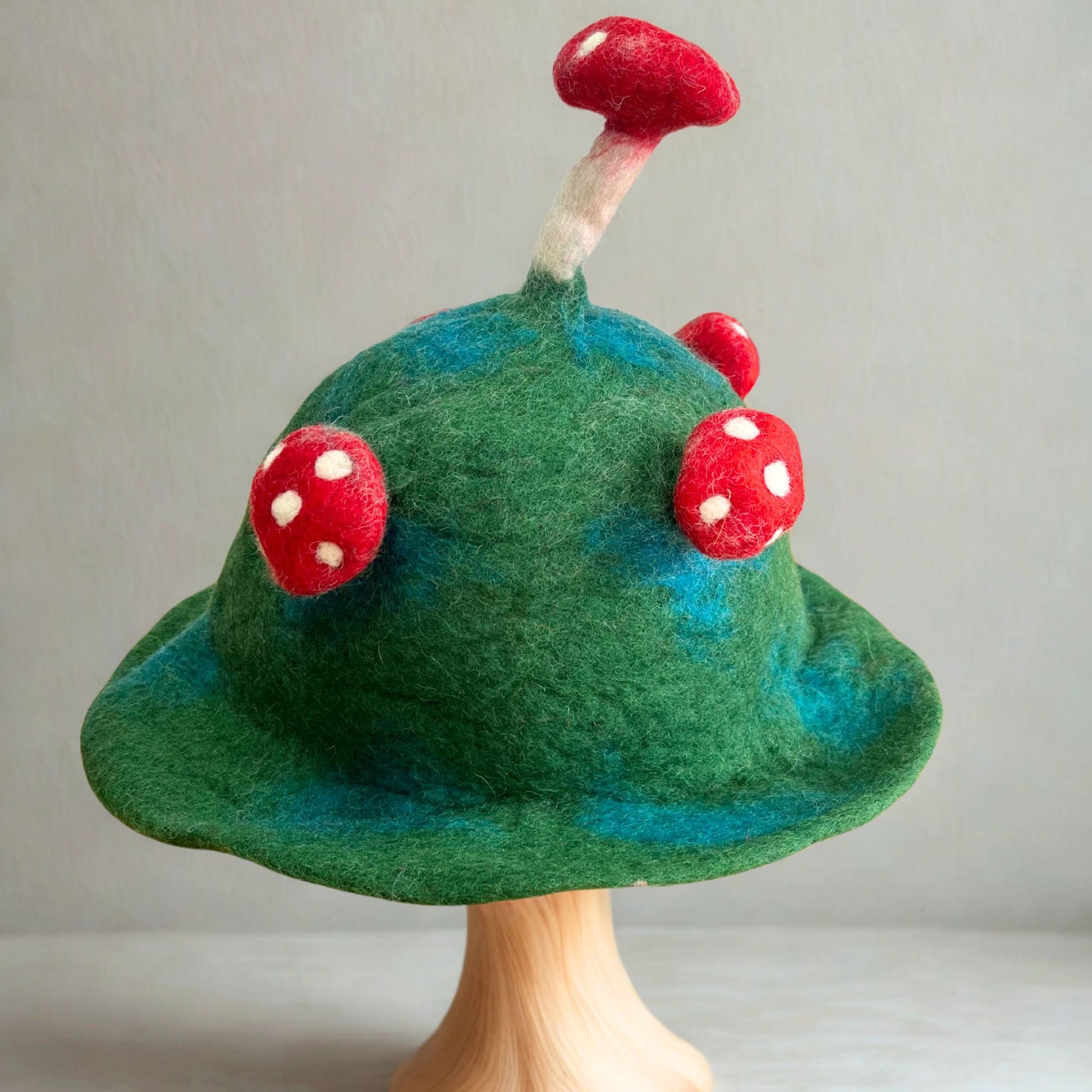 Polished Felted Mushroom Hat Moss Mountain Green featuring natural patterning and unique variations - Positive Faith Hope Love
