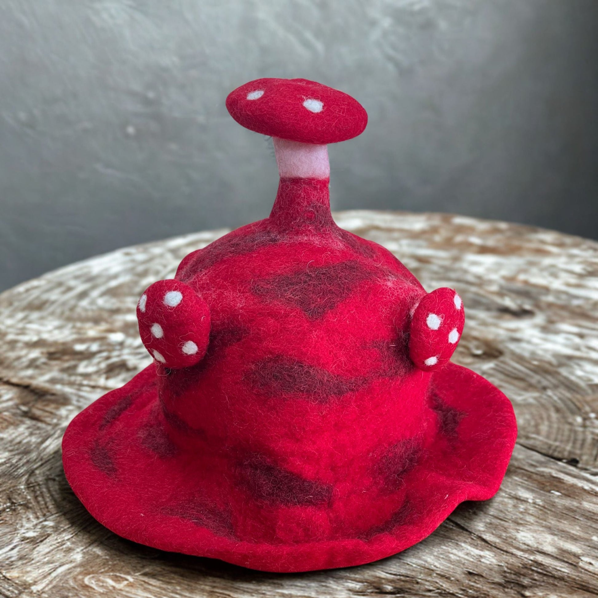 Polished Felted Mushroom Hat Rush To The Head Red featuring natural patterning and unique variations - Positive Faith Hope Love