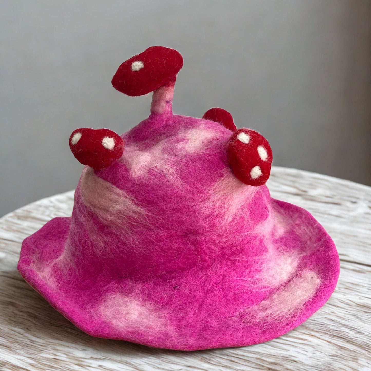 Polished Felted Mushroom Hat Shocking Pink 1 featuring natural patterning and unique variations - Positive Faith Hope Love