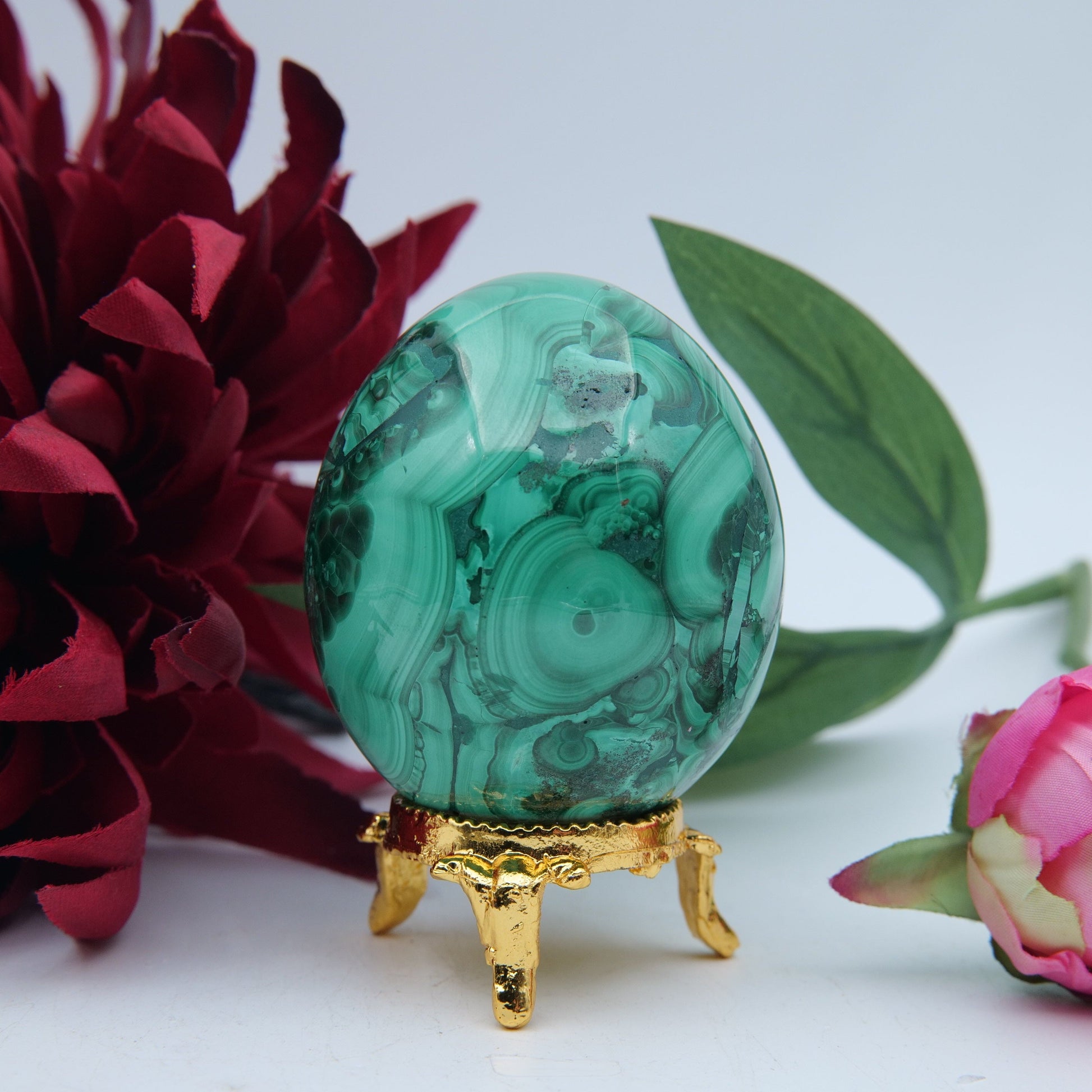 Polished Flower Malachite Egg 285G featuring banded green patterning and silky polish - Positive Faith Hope Love