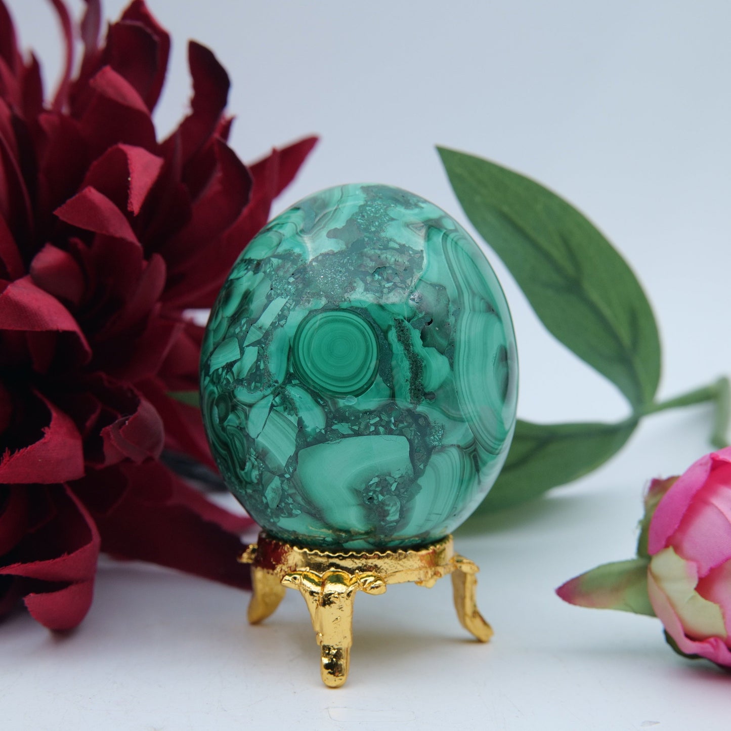 Polished Flower Malachite Egg 285G featuring banded green patterning and silky polish - Positive Faith Hope Love
