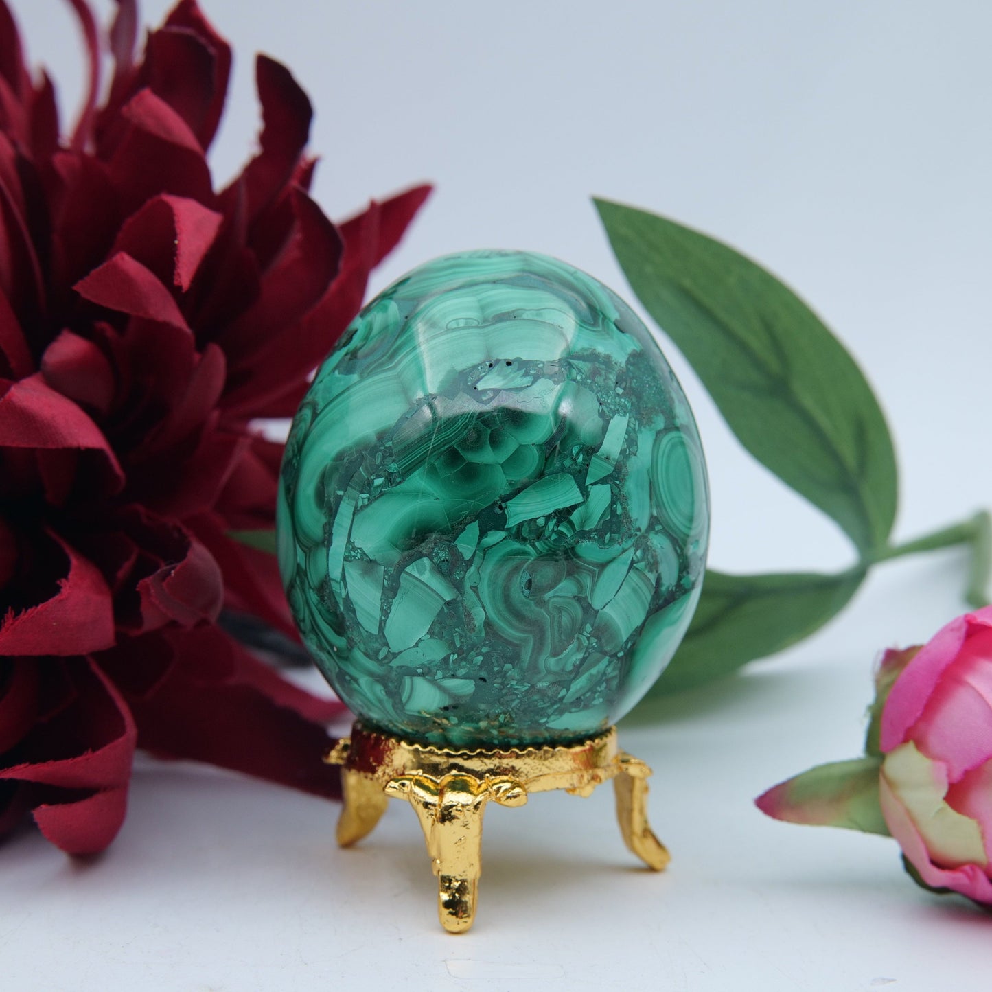 Polished Flower Malachite Egg 285G featuring banded green patterning and silky polish - Positive Faith Hope Love