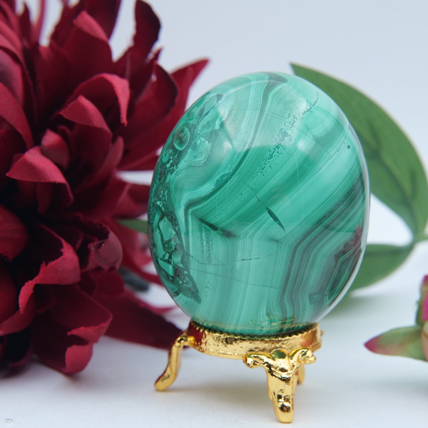 Polished Flower Malachite Egg 354G featuring banded green patterning and silky polish - Positive Faith Hope Love