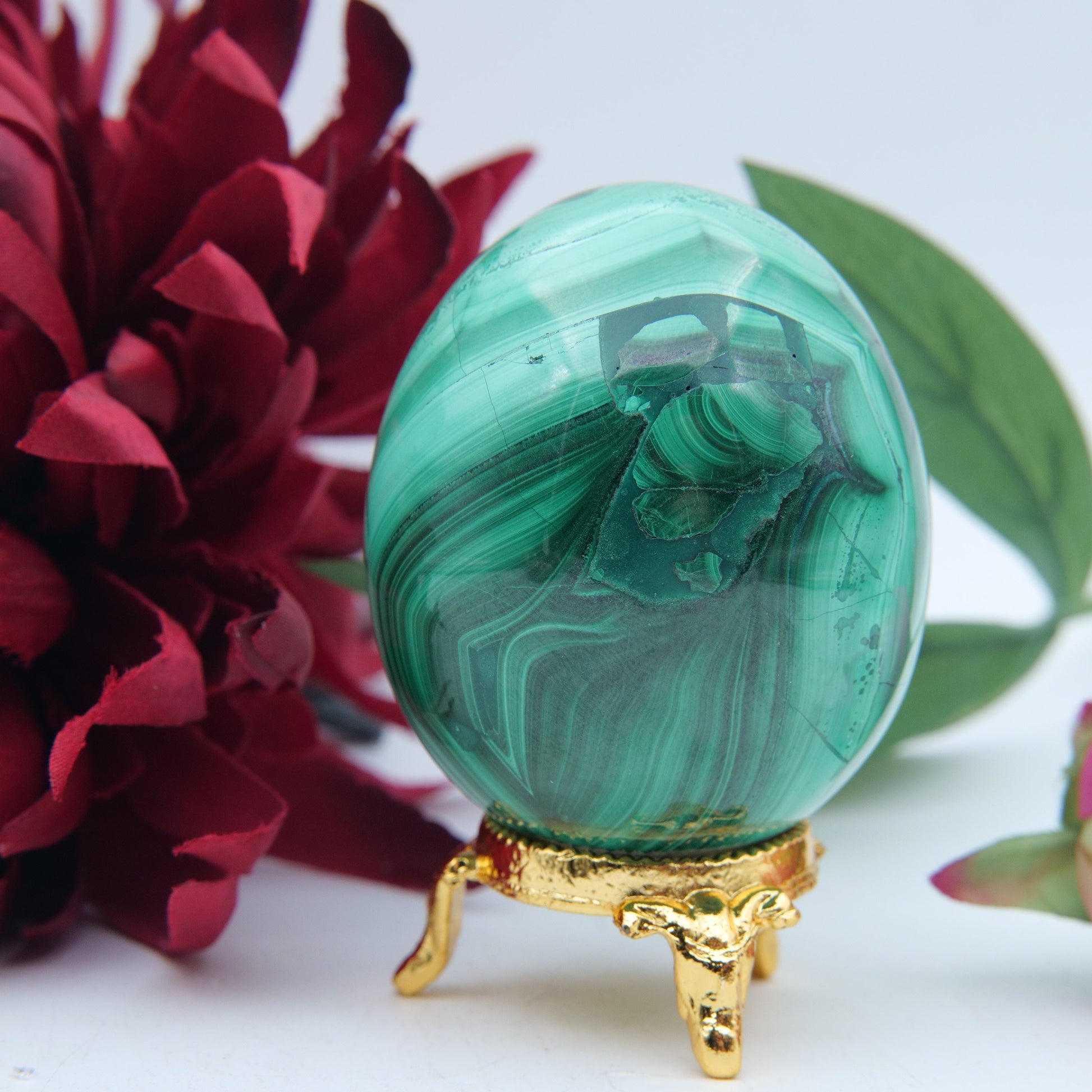 Polished Flower Malachite Egg 354G featuring banded green patterning and silky polish - Positive Faith Hope Love