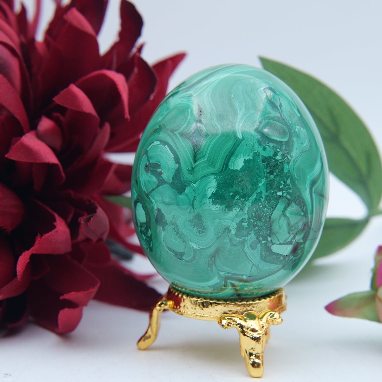 Polished Flower Malachite Egg 354G featuring banded green patterning and silky polish - Positive Faith Hope Love