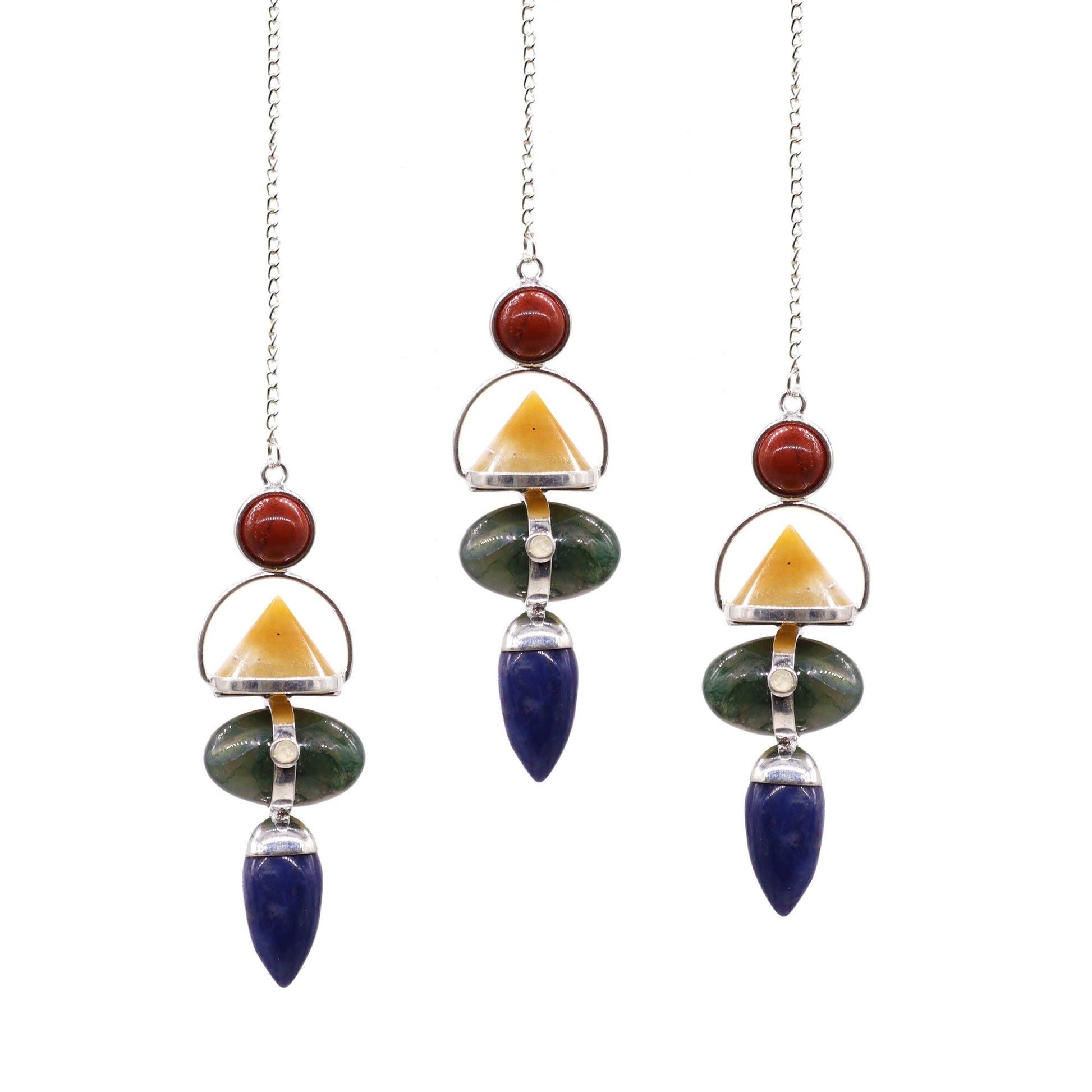 Polished Four Elements Gemstone Pendulum - Red Jasper, Yellow Adventurine, Moss Agate, Sodalite & Moonstone featuring green mossy inclusions in translucent base - Positive Faith Hope Love