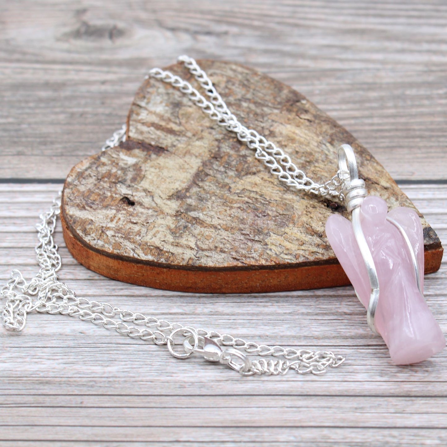 Polished Gemstone Guardian Angel Pendant Rose Quartz featuring soft pink tone and gentle translucence - Positive Faith Hope Love