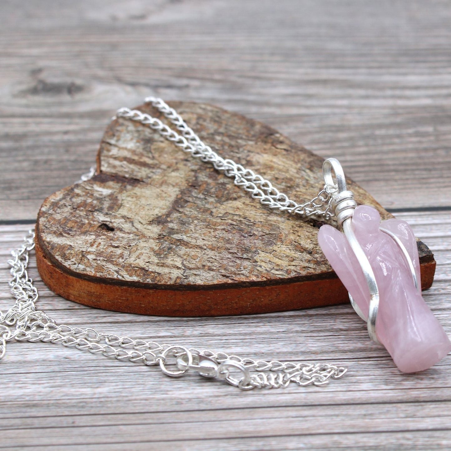 Polished Gemstone Guardian Angel Pendant Rose Quartz featuring soft pink tone and gentle translucence - Positive Faith Hope Love