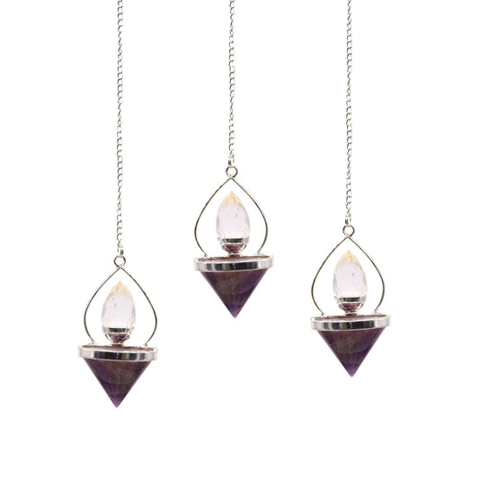 Polished Gemstone Lantern of Life Pendulum - Amethyst & Rock Quartz featuring rich purple colour and natural clarity - Positive Faith Hope Love