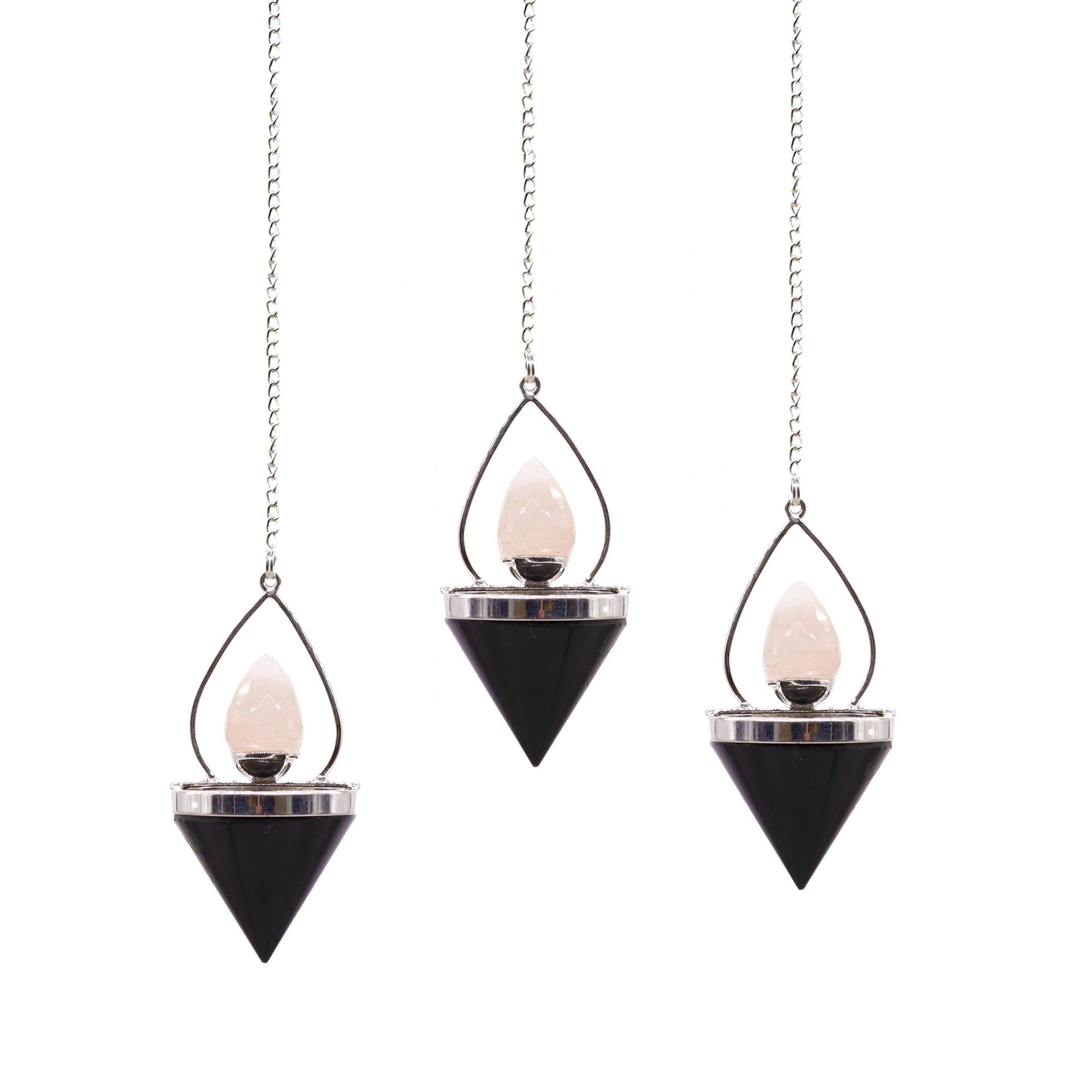 Polished Gemstone Lantern of Life Pendulum - Black Agate & Rose Quartz featuring soft pink tone and gentle translucence - Positive Faith Hope Love