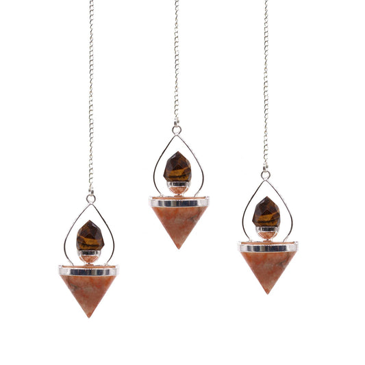 Polished Gemstone Lantern of Life Pendulum - Sunstone & Tigereye featuring sparkling aventurescence and warm orange tone - Positive Faith Hope Love