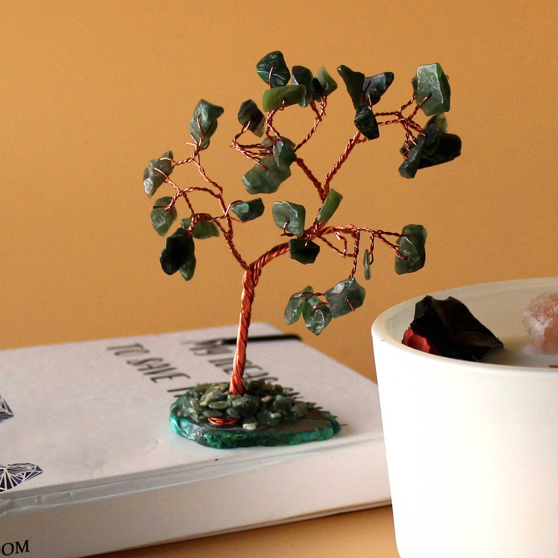 Polished Gemstone Tree - Green Aventurine on Green Agate Base (35 stones) featuring green tone with subtle sparkle - Positive Faith Hope Love