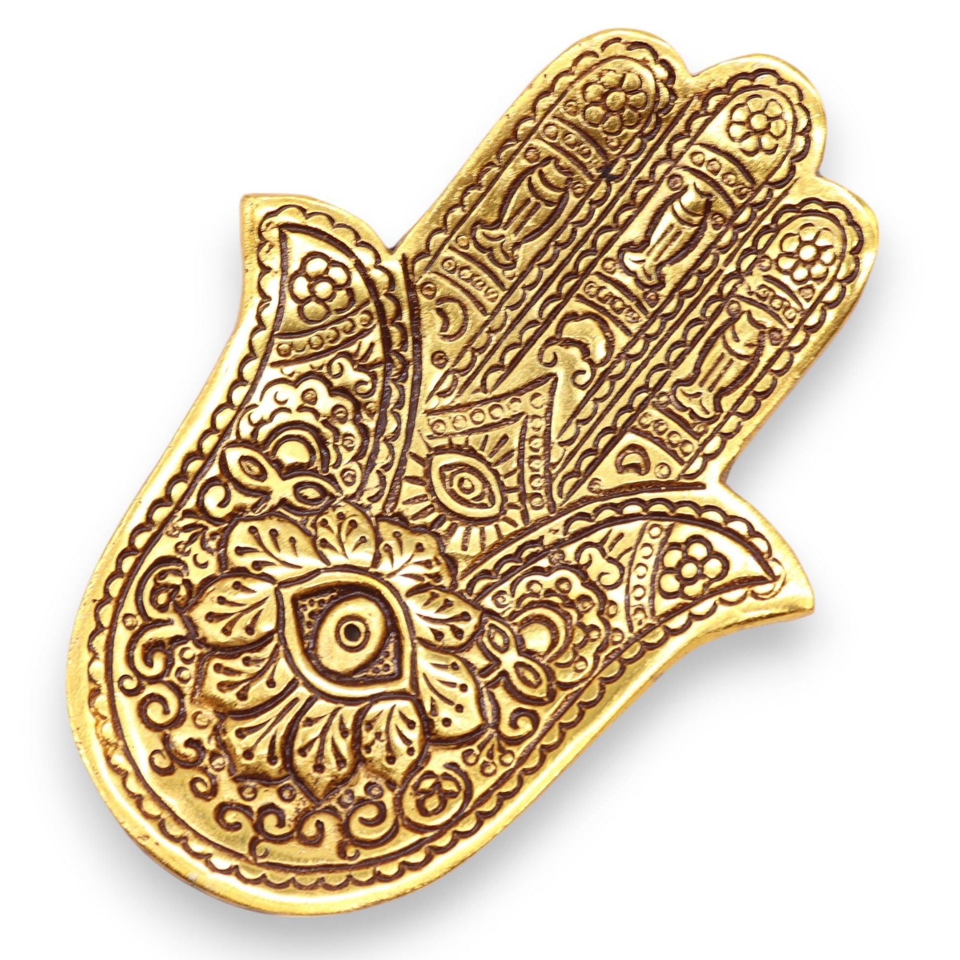 Polished Gold Aluminium Small Hamsa Incense Holder featuring natural patterning and unique variations - Positive Faith Hope Love