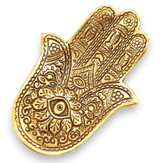 Polished Gold Aluminium Small Hamsa Incense Holder featuring natural patterning and unique variations - Positive Faith Hope Love