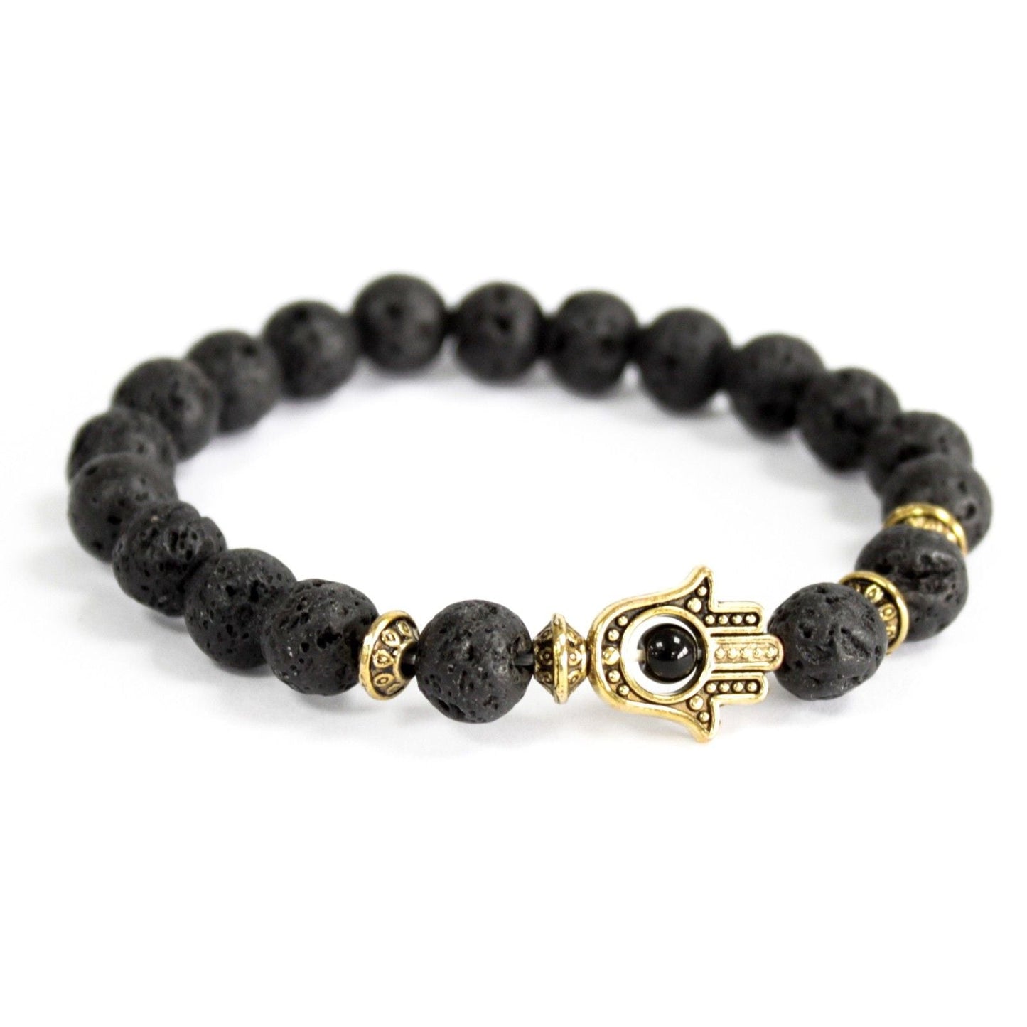 Polished Gold Hamsa / Lava Stone - Gemstone Bracelet featuring natural patterning and unique variations - Positive Faith Hope Love