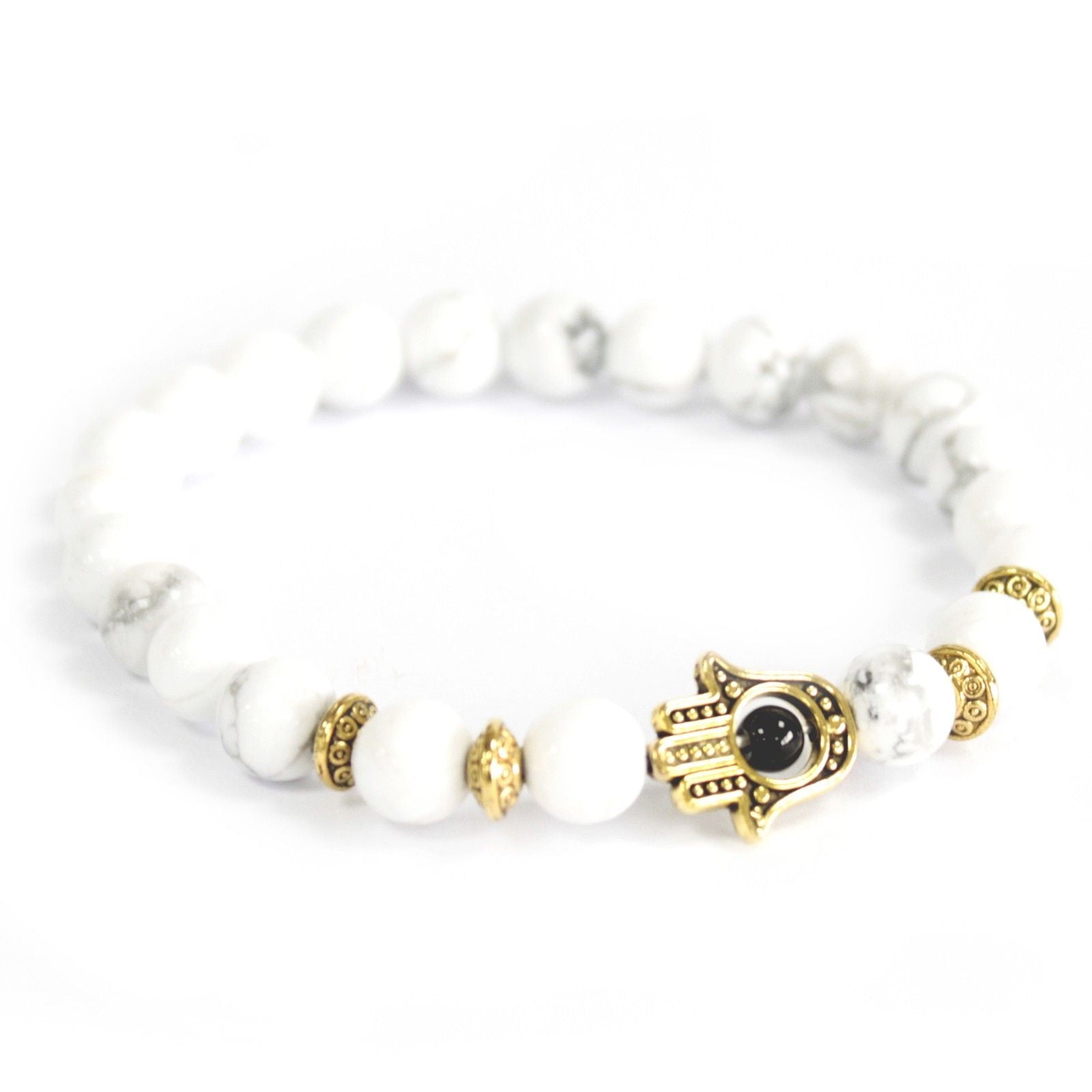 Polished Gold Hamsa / White Stone - Gemstone Bracelet featuring natural patterning and unique variations - Positive Faith Hope Love